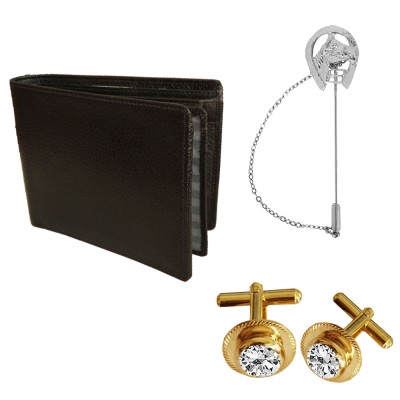 Menjewell Special Gift Multicolor Lucky Horse head lapel Pin & Round Design Stone Cufflink With Wallet Combo For Men